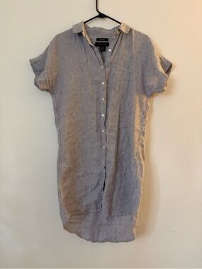 Tahari Blue and White Striped Linen-Blend Button Tunic